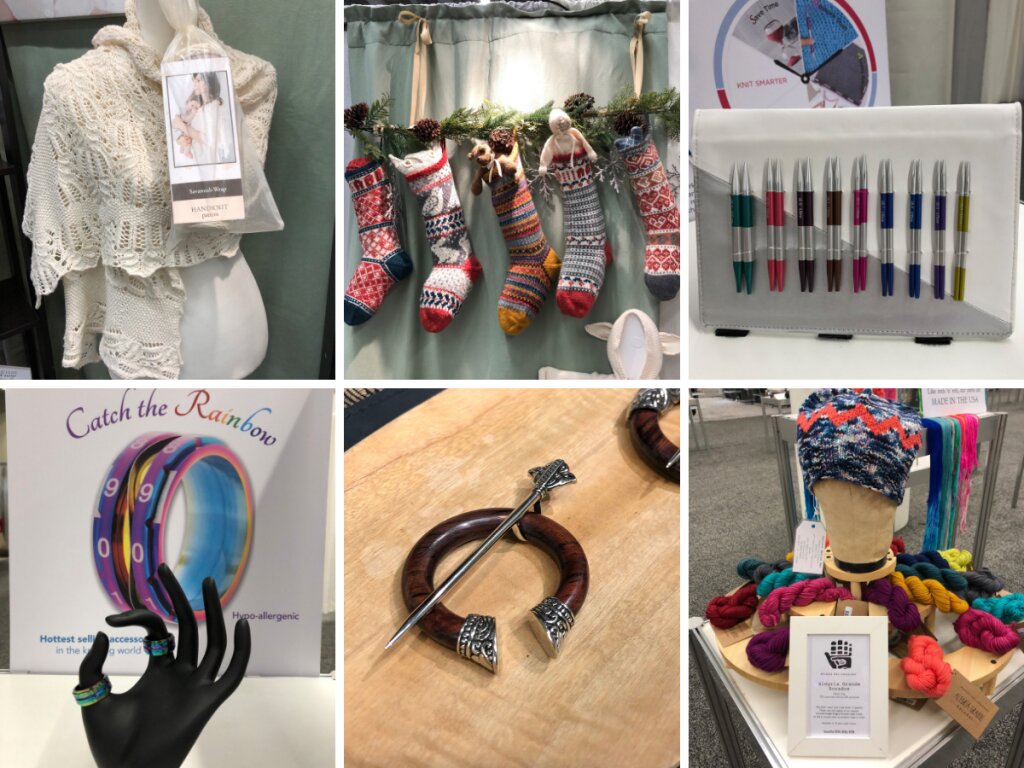 Collage of knitting products and accessories including lace wrap, Christmas stockings, interchangeable needle set, row counter rings, shawl pin, and colorful yarn display