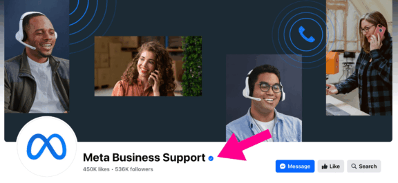 Screenshot indicating the meta verified blue checkmark on a Facebook profile