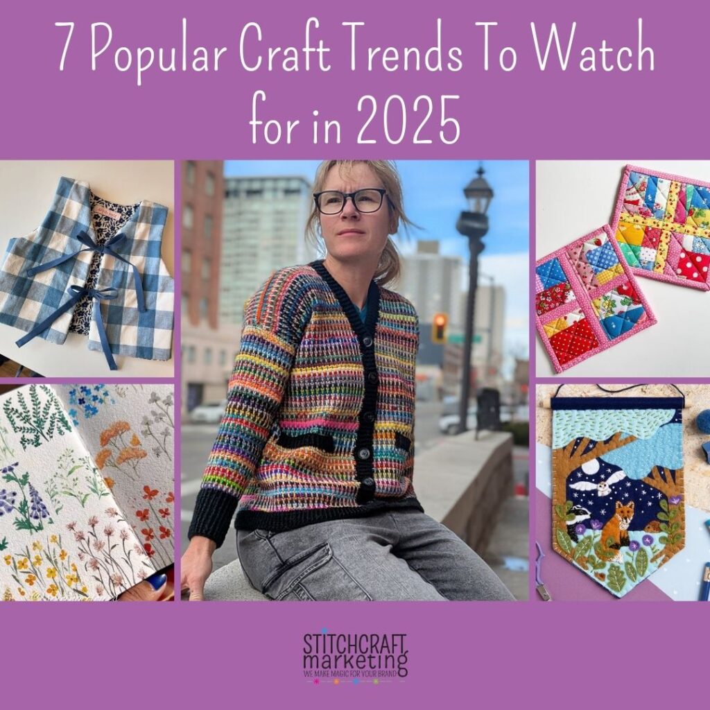 Collage of popular craft trends including upcycled sewing, watercolorpainting, scrappy sweaters, scrappy quilting, and craft kits.