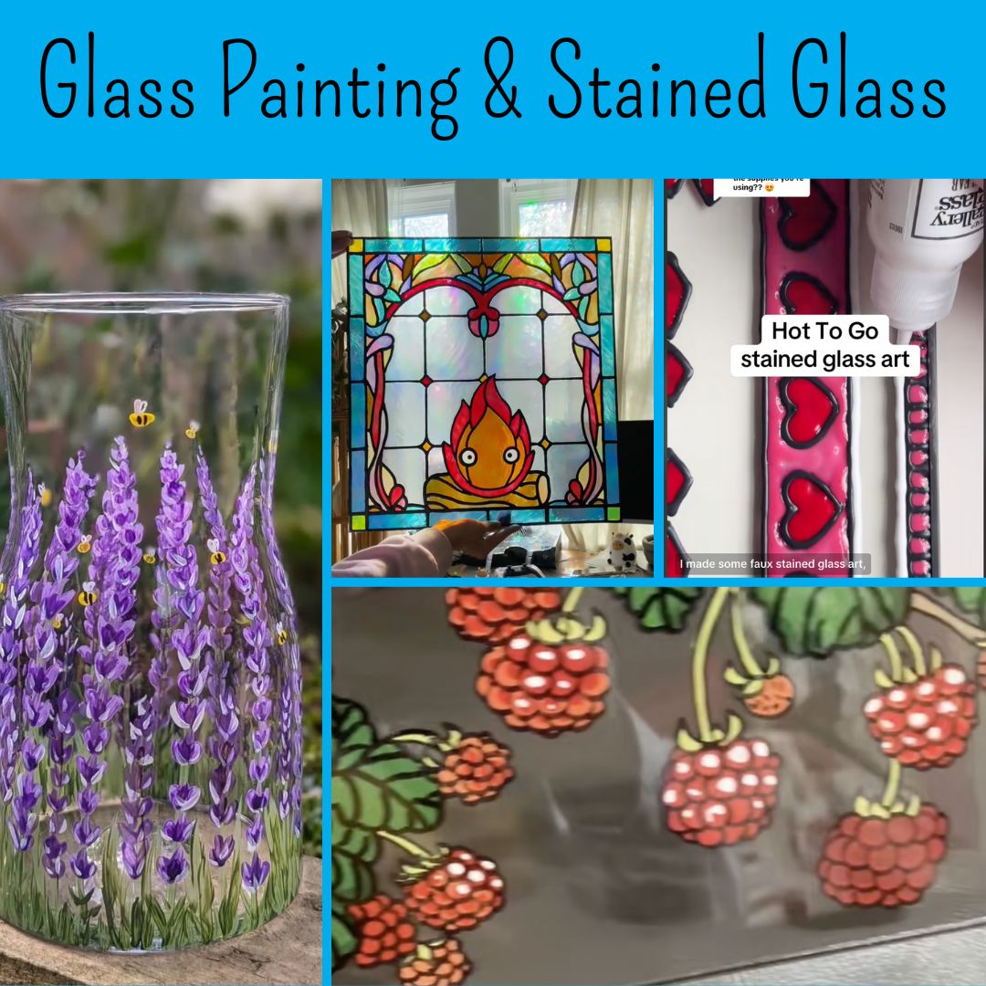 Collage of glass painting and stained glass trend examples