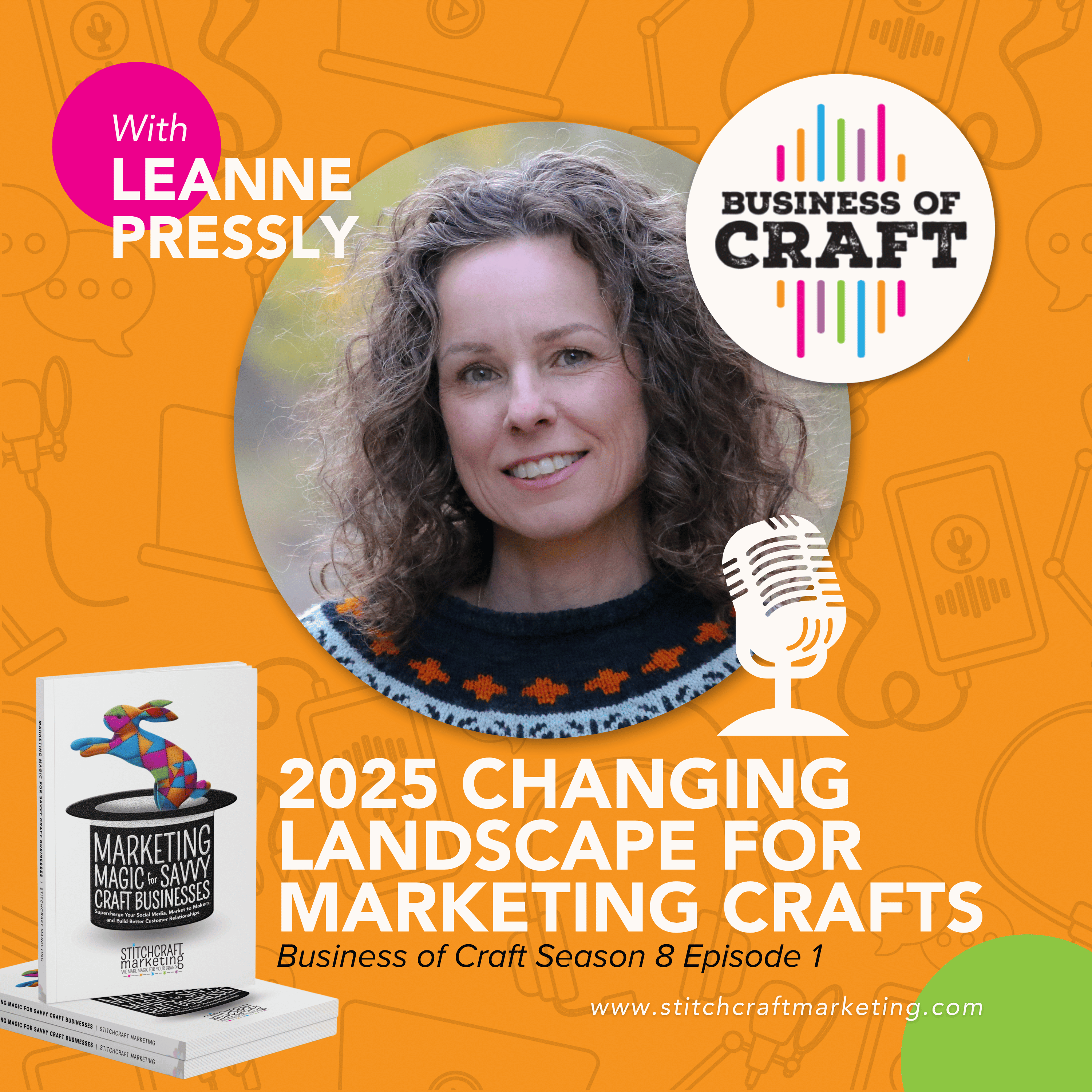 Leanne Pressly smiles in front of an orange background with text promoting the Business of Craft podcast, season 8 episode 1.