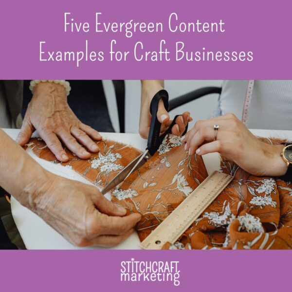 The hands of two people are holding and cutting fabric to measure. Text on purple borders reads the blog title.