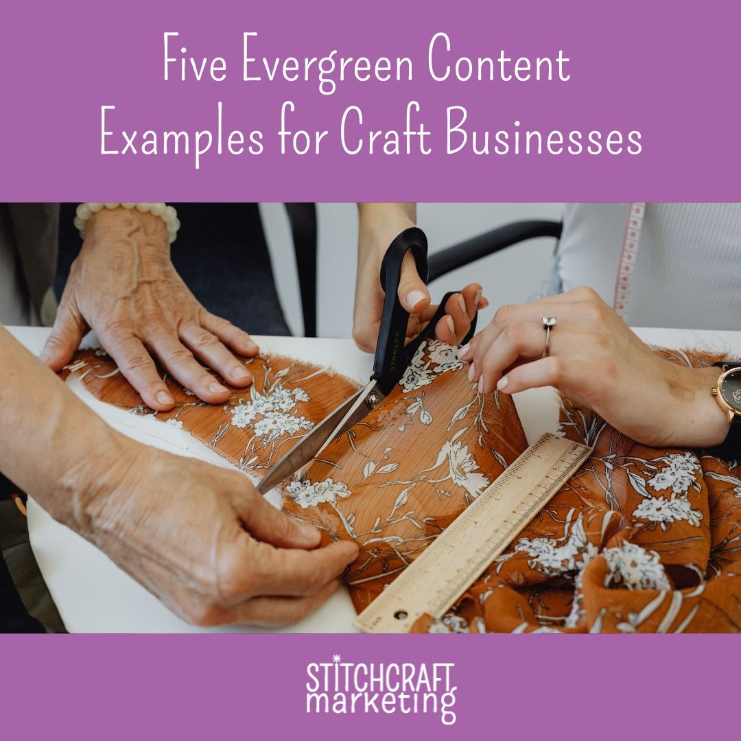 The hands of two people are holding and cutting fabric to measure. Text on purple borders reads the blog title.