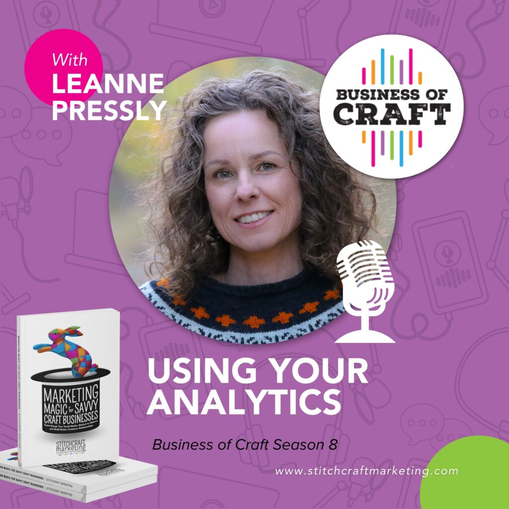 Leanne Pressly smiles in front of an purple background with text promoting the Business of Craft podcast, season 8 episode 14