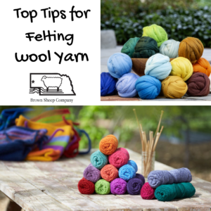 Yarn skeins and balls of wool roving are next to the text "Top Tips for Felting Wool Yarn"